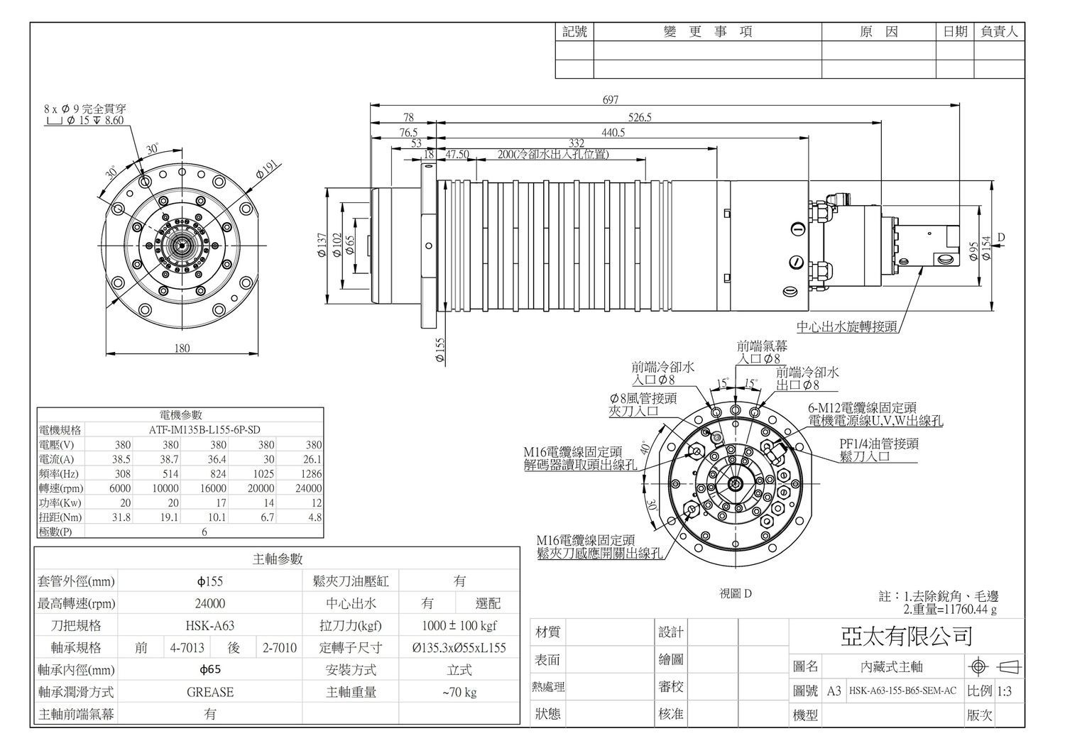 Шпиндельний вузол HSK-A63-155-B13-SEM-AC