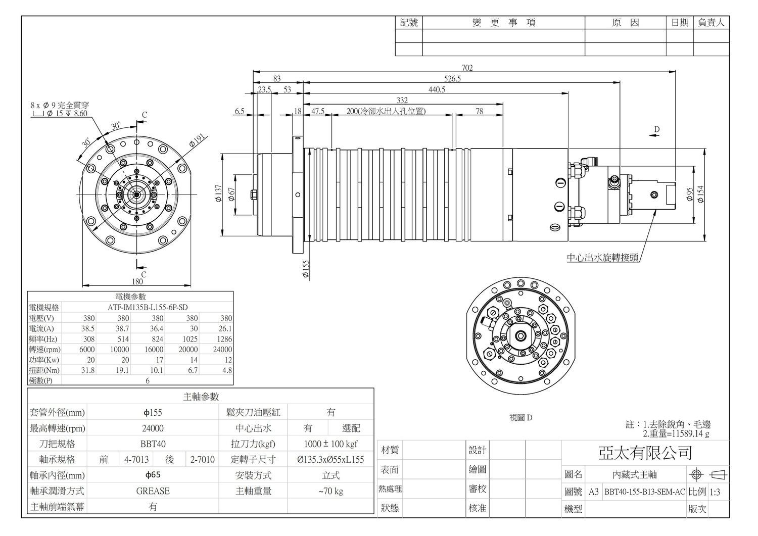 Шпиндельний вузол BBT40-155-B13-SEM-AC